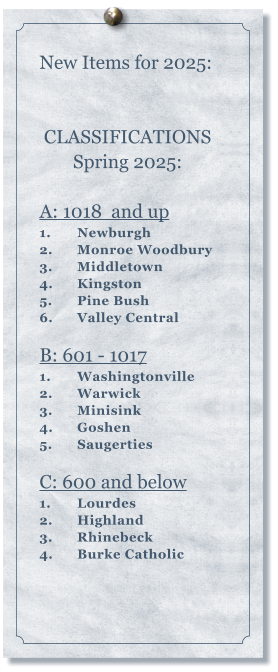 New Items for 2025:    CLASSIFICATIONS Spring 2025:  A: 1018  and up 1.	Newburgh 2.	Monroe Woodbury 3.	Middletown 4.	Kingston 5.	Pine Bush 6.	Valley Central  B: 601 - 1017 1.	Washingtonville 2.	Warwick 3.	Minisink 4.	Goshen 5.	Saugerties   C: 600 and below 1.	Lourdes  2.	Highland 3.	Rhinebeck 4.	Burke Catholic